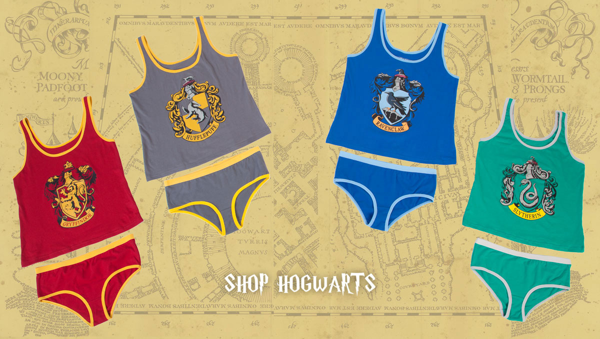 HP Underoos Four Harry Potter Underoos, Gryffindor, Ravenclaw, Hufflepuff, and Slytherin along with the Marauders Map as the background.